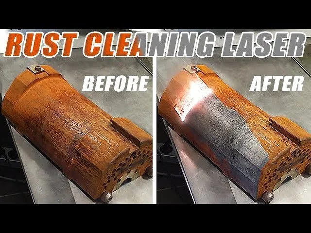 Before and after rust removal on cylindrical metal component using laser cleaning